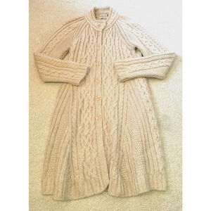 Womens Sweater-BLARNEY-IRELAND-beige cableknit wool Fisherman cardigan/duster-XS